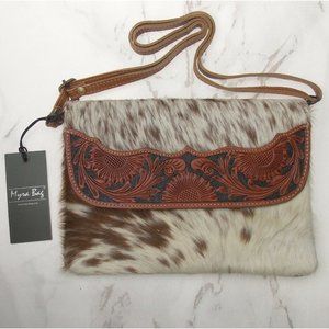 Myra Bag Brown Shells Hand Tooled Leather Hairon Handbag Eco Friendly Up Cycled